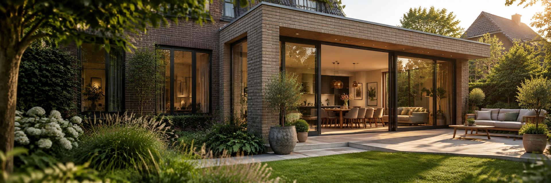 Moderne woning met zwarte kozijnen en een groene tuin