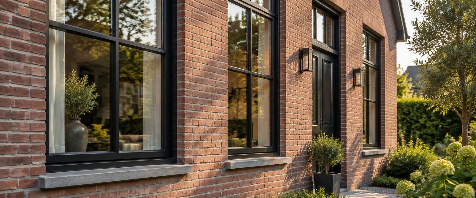Zwarte kozijnen in een karakteristieke bakstenen woning